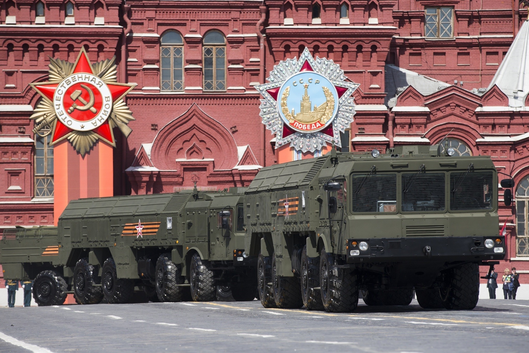  Iskander missile launchers are driven during the Victory Parade marking the 70th anniversary of the defeat of the Nazis in World War II, in Red Square in Moscow. (AP Photo)
