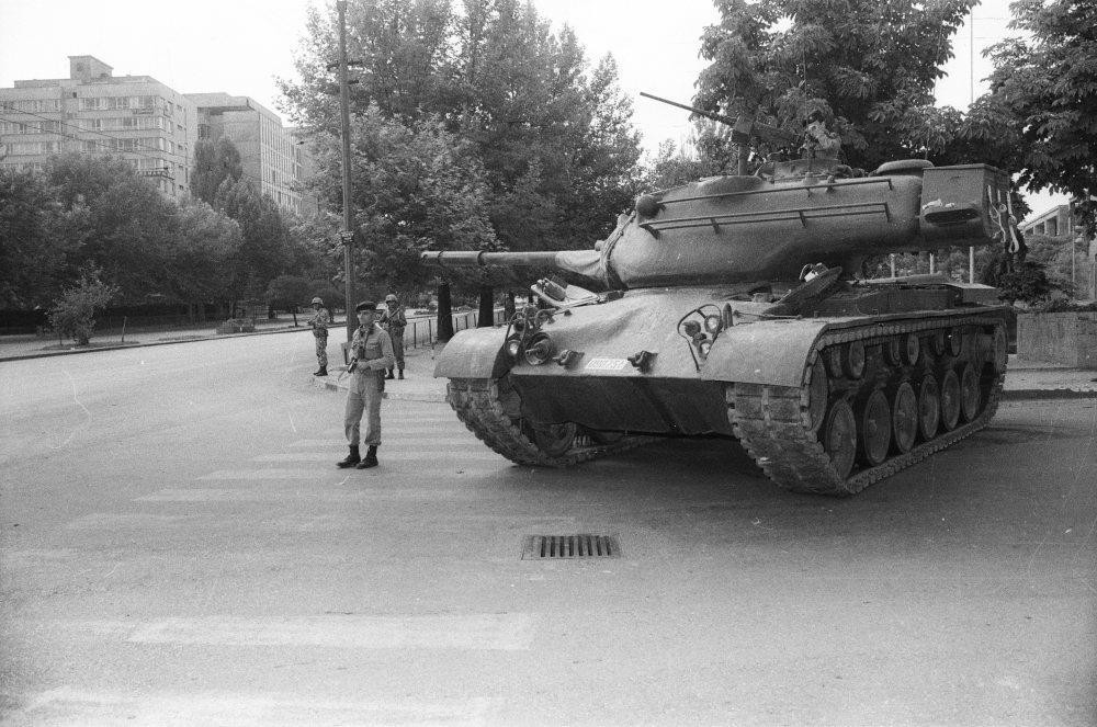 A tank in a square during the curfew that was declared right after the 1980 coup.