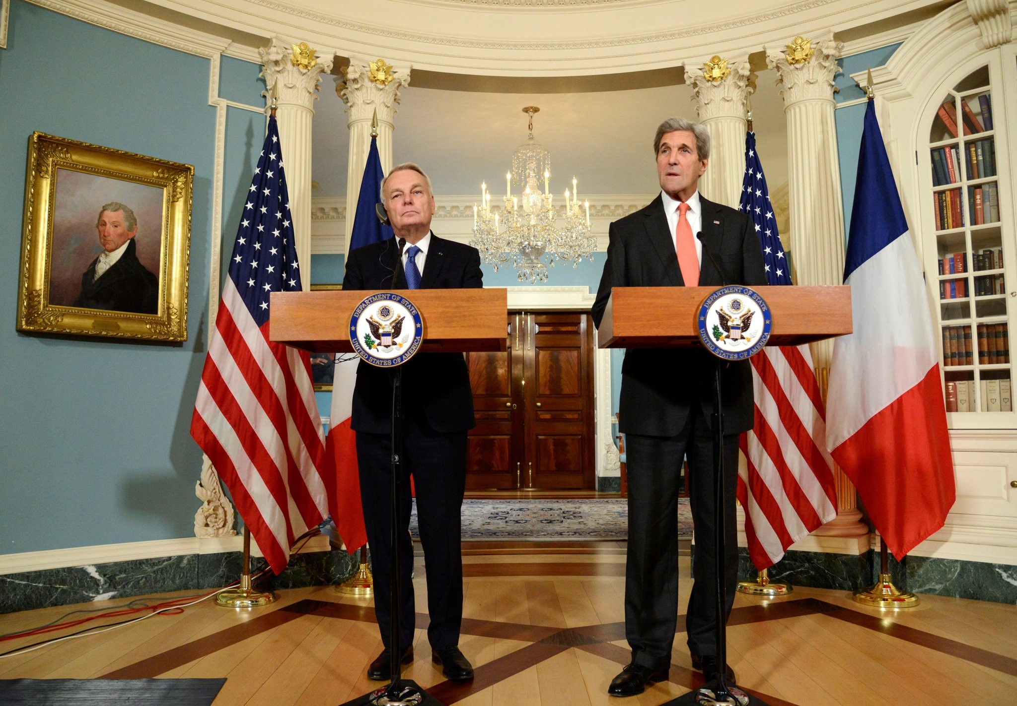 U.S. Secretary of State John Kerry (R) makes a statement with French Foreign Minister Jean-Marc Ayrault. (Reuters Photo)