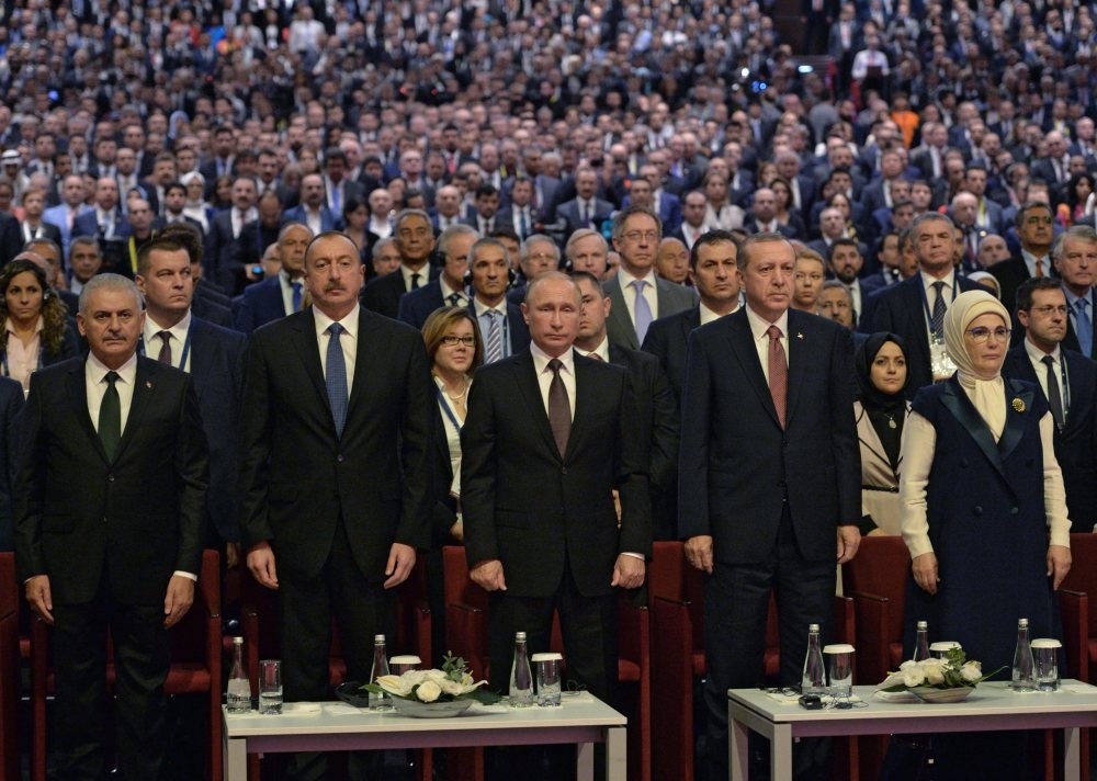 President Recep Tayyip Erdou011fan, President Vladimir Putin and Azerbaijan's President Ilham Aliev attend a session of the World Energy Congress, in Istanbul.