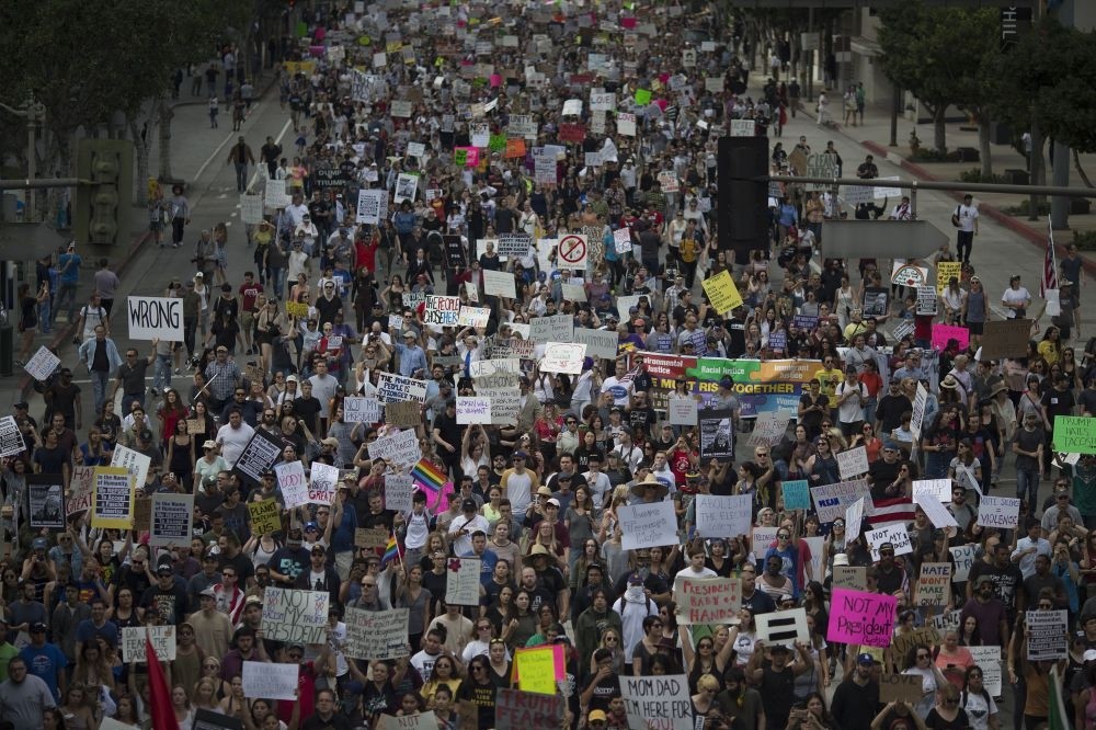 Thousands of protesters marching in reaction to the election of Republican Donald Trump, Nov. 12, 2016 in Los Angeles, California.