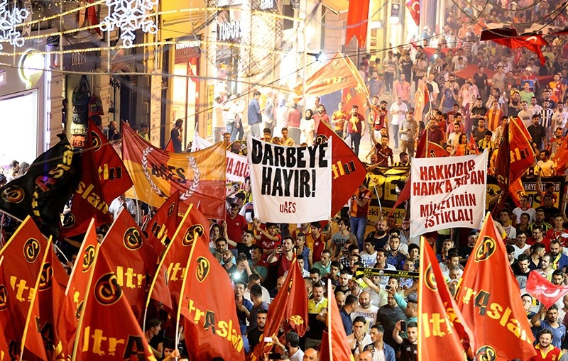 Galatasaray's UltrAslan fan group carry a banner that reads ,No to Coup, during the rally. The banner next to it reads ,For independence is the absolute right of my God-worshipping nation!,, the last verse of Turkey's national anthem. (AA Photo)