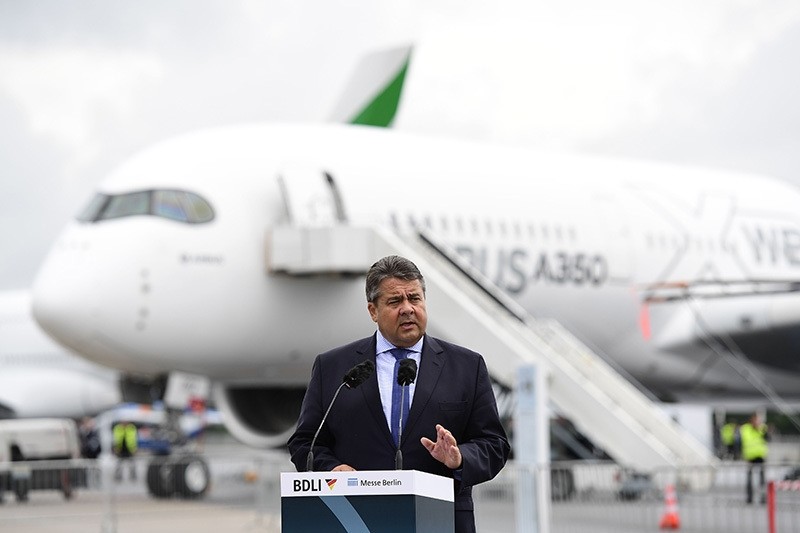 German Vice Chancellor Sigmar Gabriel gives a speech at the International Aerospace Exhibition (ILA) in Schoenefeld near Berlin on June 1, 2016 (AFP)