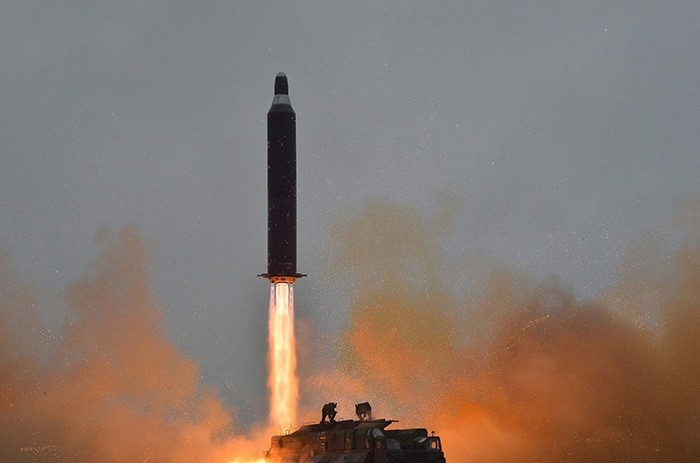 State news agency of North Korea, shows a surface-to-surface medium long-range strategic ballistic rocket Hwasong-10, also known by the name of Musudan missile, being launched at an undisclosed location, North Korea (EPA Photo)