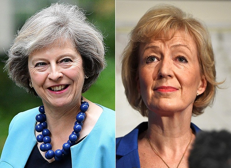 In this combination of file pictures, Theresa May (L) arrives to attend a cabinet meeting at 10 Downing Street on June 27, 2016 and Andrea Leadsom (R) delivers a speech for her bid to become the Conservative party leader on July 4, 2016. (AP Photo)
