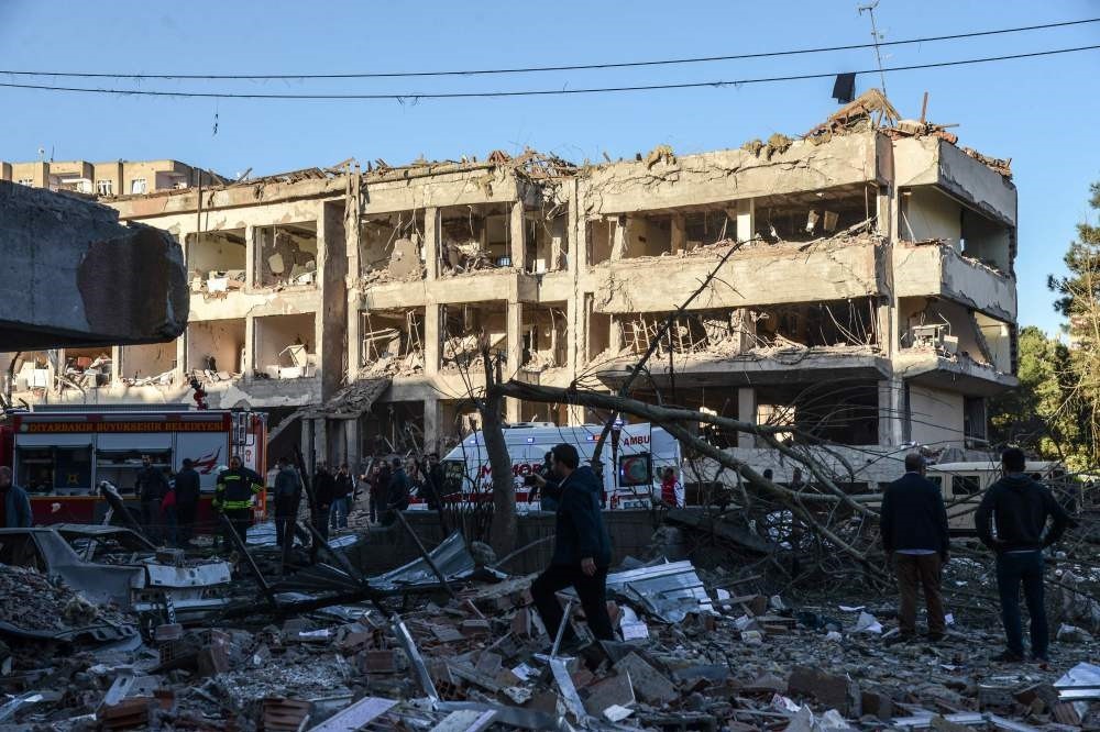 Damaged buildings on the explosion site after a blast by the PKK terror group in Turkey's southeastern city of Diyarbaku0131r, Nov. 4, 2016.