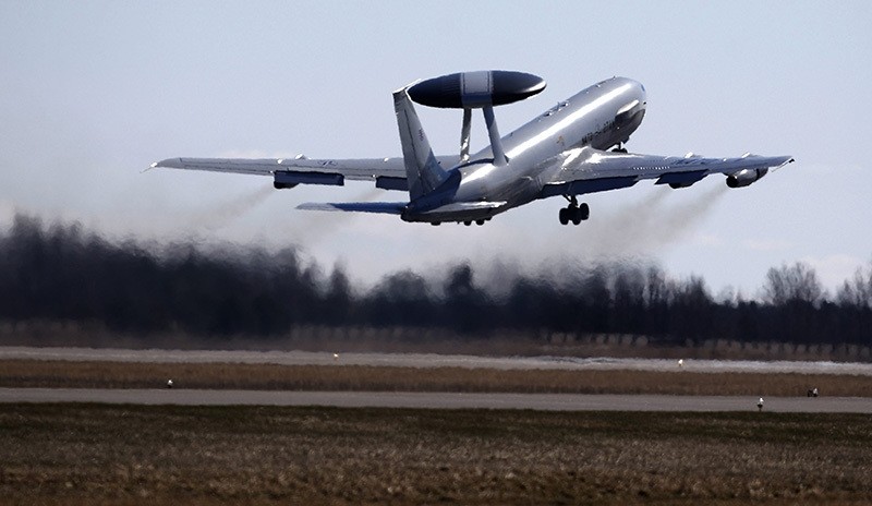 NATO Airborne Warning and Control System (AWACS) aircraft take off during the Lithuanian - NATO air force exercise at the Siauliai airbase some 230 km. (AP Photo)