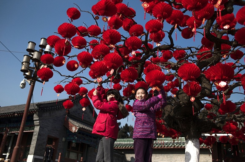 Chinese children pose for a photograph beside a lantern tree display ahead of the Lunar New Year in Beijing on January 24, 2017. (AFP Photo)