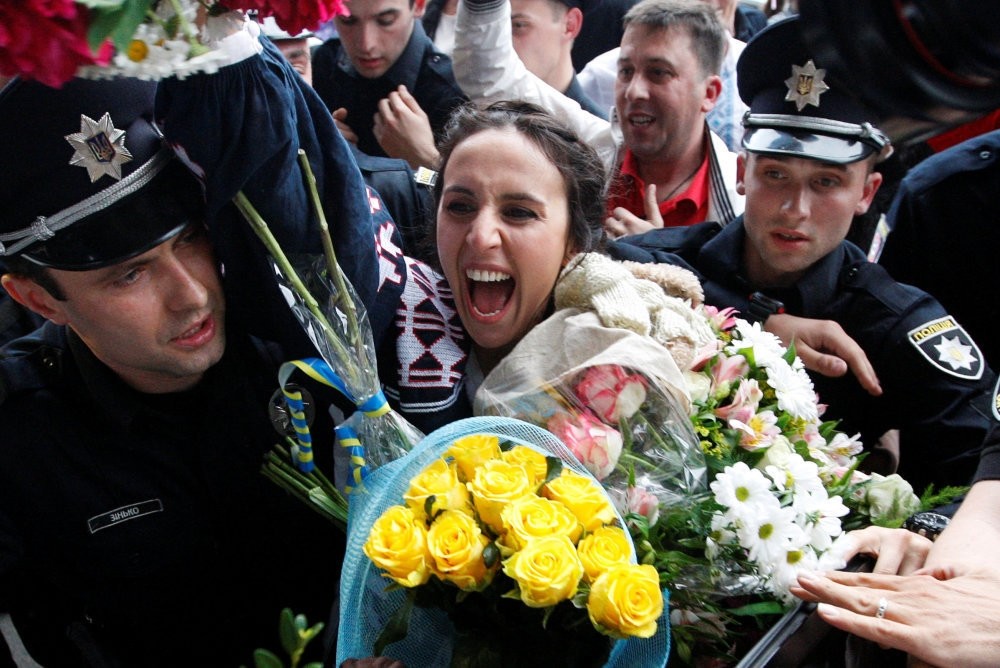 Crimean Tatar singer Susana Jamaladinova, known as Jamala, who won the Eurovision Song Contest, reacts at a welcoming ceremony upon her arrival at Boryspil International Airport outside Kiev.