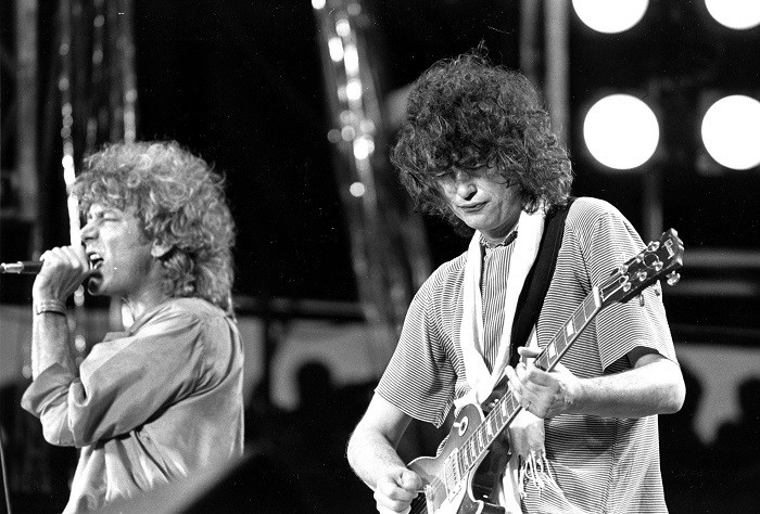 In this July 13, 1985 file photo, singer Robert Plant, left, and guitarist Jimmy Page of the British rock band Led Zeppelin perform at the Live Aid concert at Philadelphia's J.F.K. Stadium. (AP Photo)
