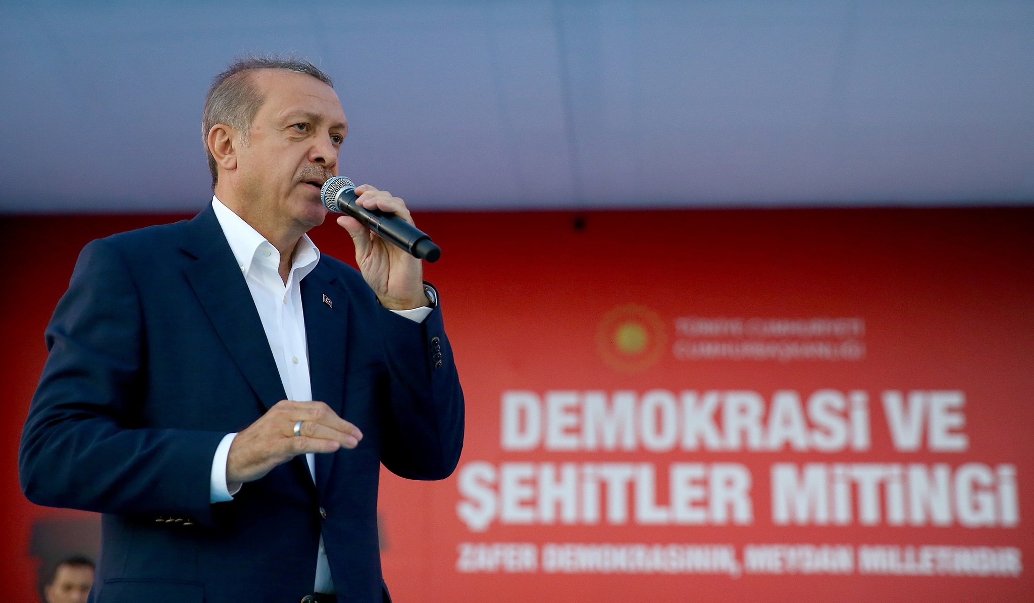 Turkish President Recep Tayyip Erdogan delivers a speech during a Democracy and Martyrs' Rally in Istanbul, Sunday, Aug. 7, 2016. (AP Photo)