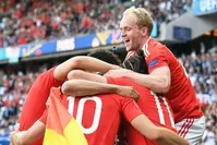 Jonathan Williams of Wales celebrates with teammates after an own goal by Gareth McAuley of Northern Ireland, 25 June 2016. (EPA Photo)