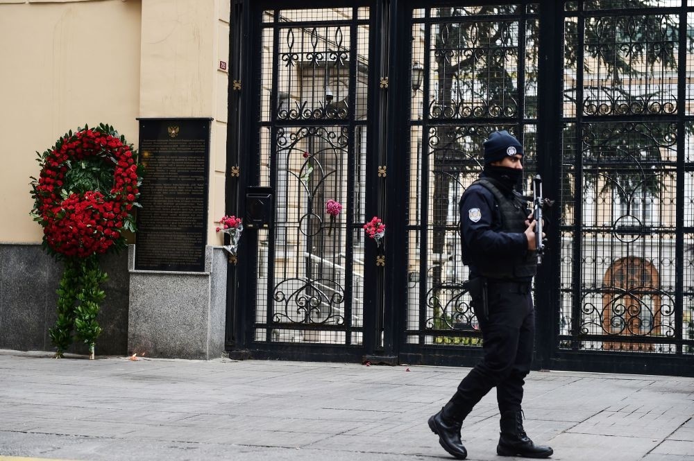 A Turkish police officer standing guard outside the Russian consulate in Istanbul on Dec. 20, 2016, a day after the assassination of the Russian ambassador in the Turkish capital.