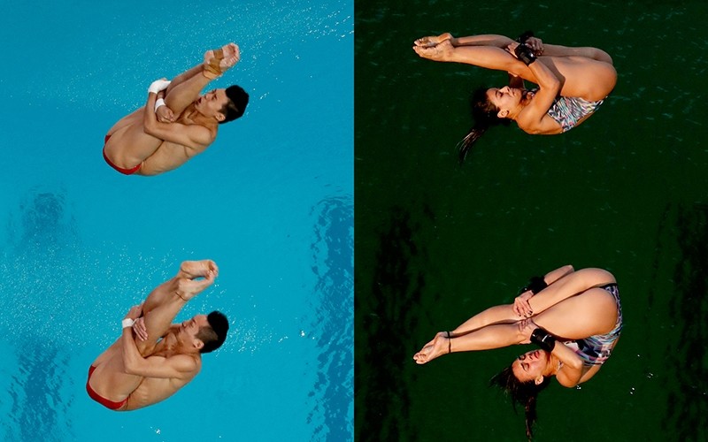 The water at the Maria Lenk Aquatic Center was greener Tuesday during the women's synchronized diving competition 10-meter platform final than one day earlier. (AP Photo)