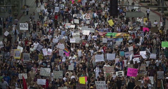Thousands of protesters marching in reaction to the election of Republican Donald Trump, Nov. 12, 2016 in Los Angeles, California.