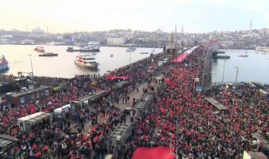 On the first day of 2024, thousands of Istanbulites gather at Galata Bridge to condemn Israeli massacres in Gaza Strip