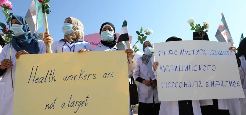 HEALTH WORKERS PROTEST REGIME ATTACKS IN SYRIAS IDLIB