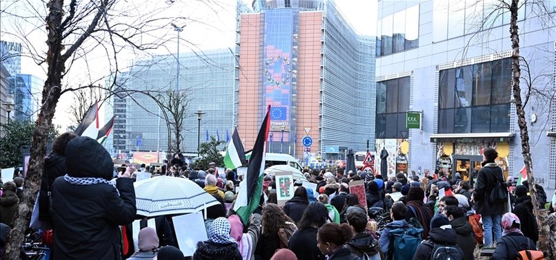 PROTESTORS RALLY OUTSIDE EU MEETING, DEMAND ACTION ON ISRAEL-PALESTINE CONFLICT