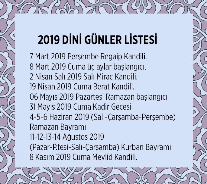 2019 DİNİ GÜNLER LİSTESİ