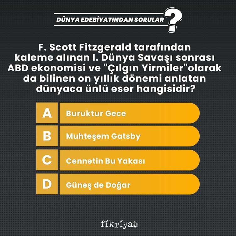 F. Scott Fitzgerald tarafından kaleme alınan I. Dünya Savaşı sonrası ABD ekonomisi ve Çılgın Yirmiler olarak da bilinen on yıllık dönemi anlatan dünyaca ünlü eser hangisidir?