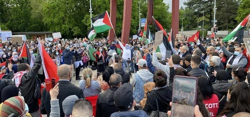 PRO-PALESTINE PROTESTERS RALLY IN FRONT OF EUROPEAN HEADQUARTERS OF UNITED NATIONS TO CONDEMN ISRAELI AGGRESSION