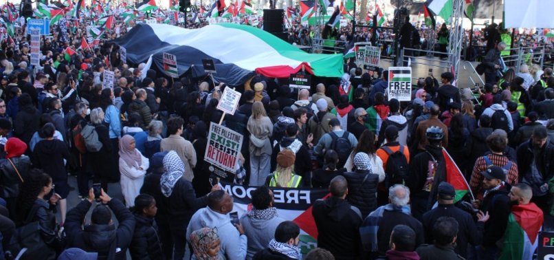 PRO-PALESTINIAN PROTESTERS TAKE TO LONDON STREETS TO CALL FOR END TO ISRAELS MILITARY ACTION IN GAZA