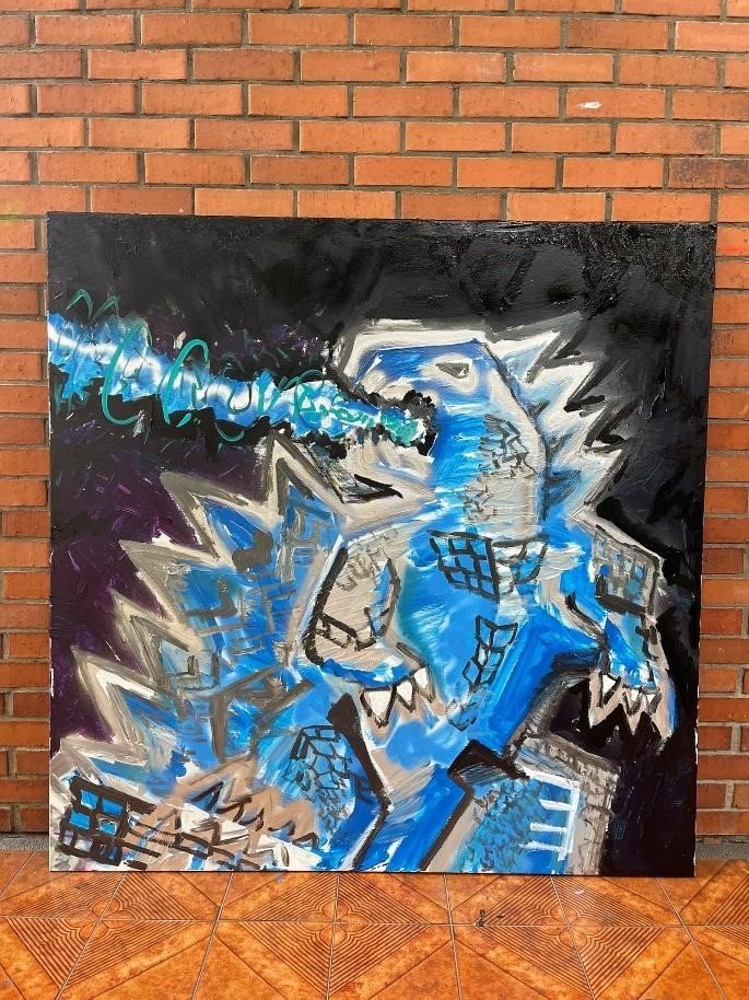 Godzilla – Acrylic, Spray, Leather Paint and Grease Pencil on Canvas