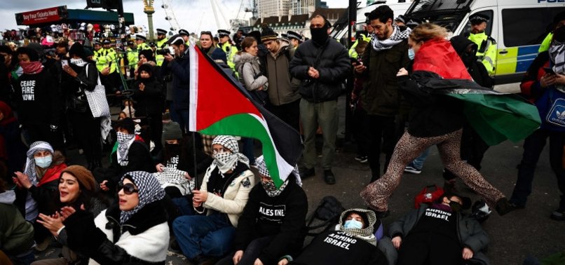 PRO-PALESTINIAN PROTESTERS STAGE SIT-IN AT LONDON WESTMINSTER BRIDGE